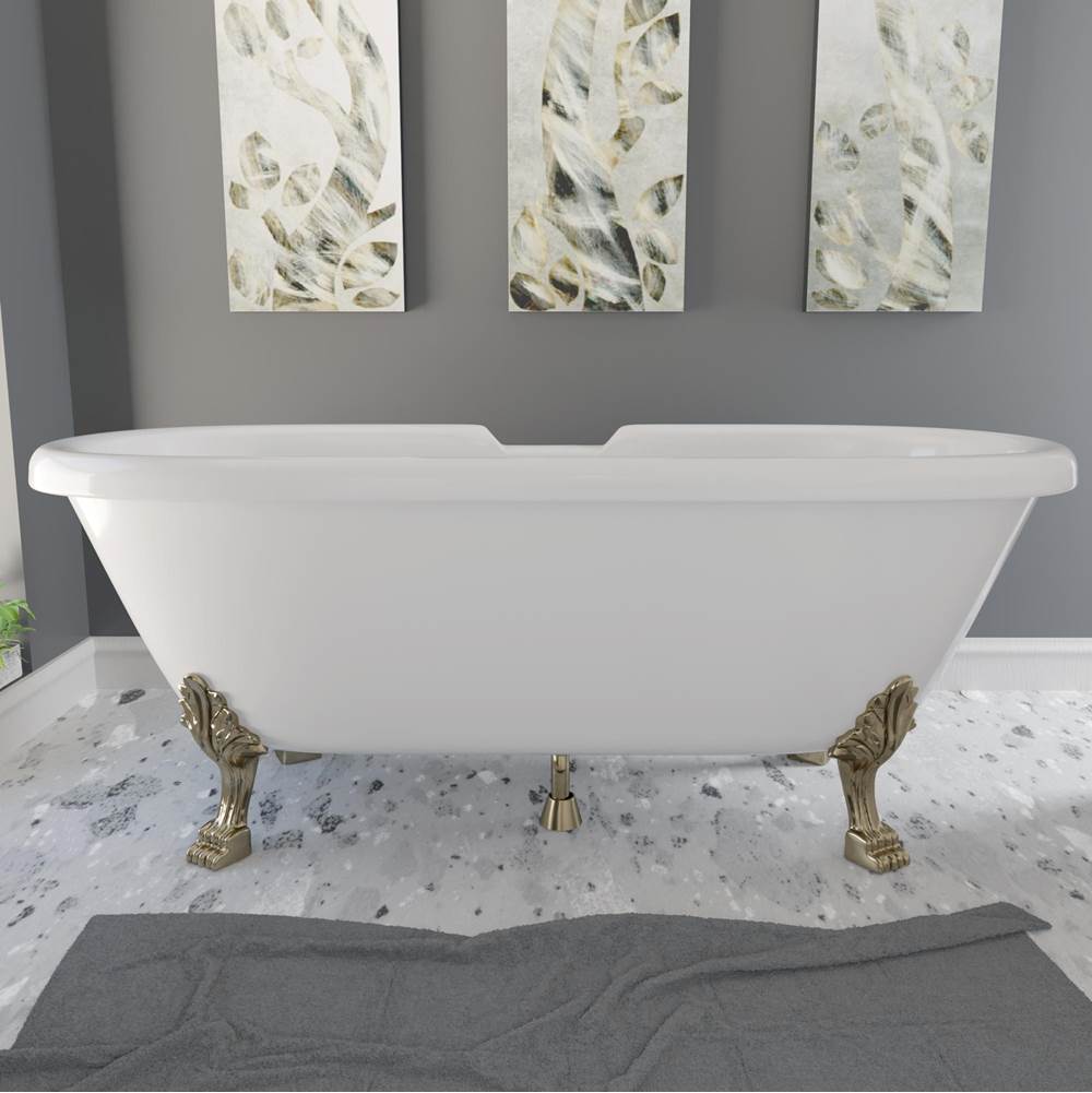 Cambridge Plumbing Dolomite Mineral Composite Double Ended Clawfoot Tub with No Faucet Holes, Antique Brass Feet and Drain Assembly