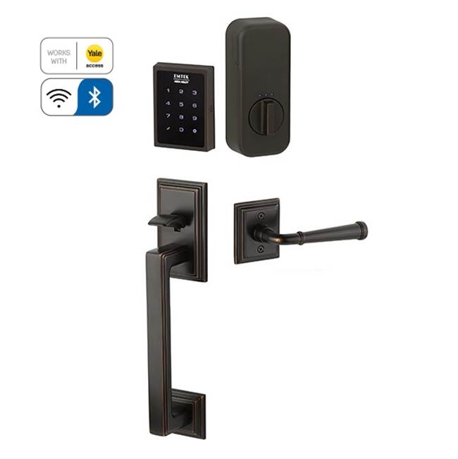 Emtek Electronic EMPowered Motorized Touchscreen Keypad Smart Lock Entry Set with Hamden Grip - works with Yale Access, Merrimack Lever, RH, US15