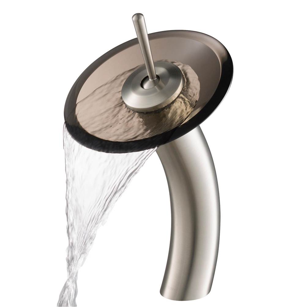 Kraus KRAUS Tall Waterfall Bathroom Faucet for Vessel Sink with Clear Brown Glass Disk, Satin Nickel Finish