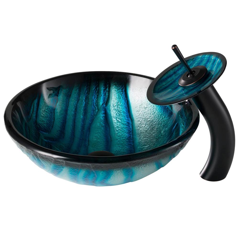 Kraus KRAUS Nature Series Blue Glass Bathroom Vessel Sink and Waterfall Faucet Combo Set with Matching Disk and Pop-Up Drain, Oil Rubbed Bronze Finish