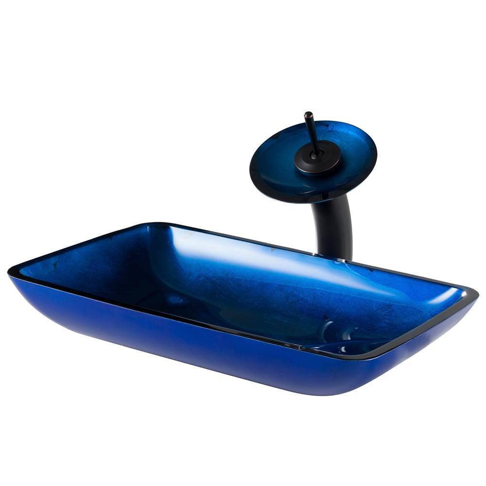 Kraus KRAUS Rectangular Blue Glass Bathroom Vessel Sink and Waterfall Faucet Combo Set with Matching Disk and Pop-Up Drain, Oil Rubbed Bronze Finish