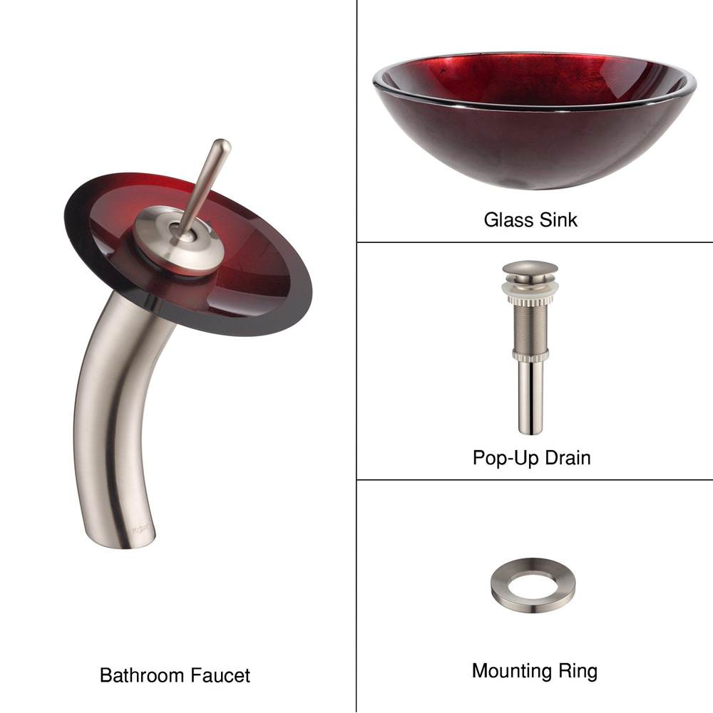 Kraus KRAUS Irruption Glass Vessel Sink in Red with Single Hole Single-Handle Waterfall Faucet in Satin Nickel