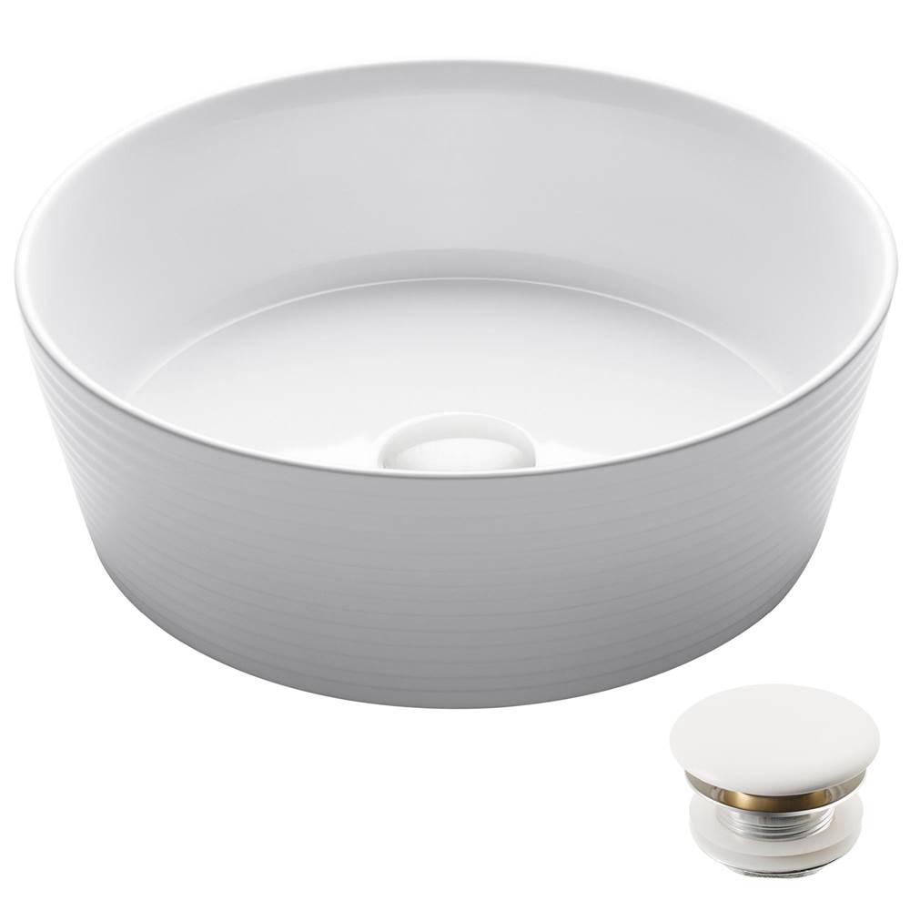 Kraus Viva Round White Porcelain Ceramic Vessel Bathroom Sink with Pop-Up Drain, 15 3/4 in. D x 5 3/8 in. H