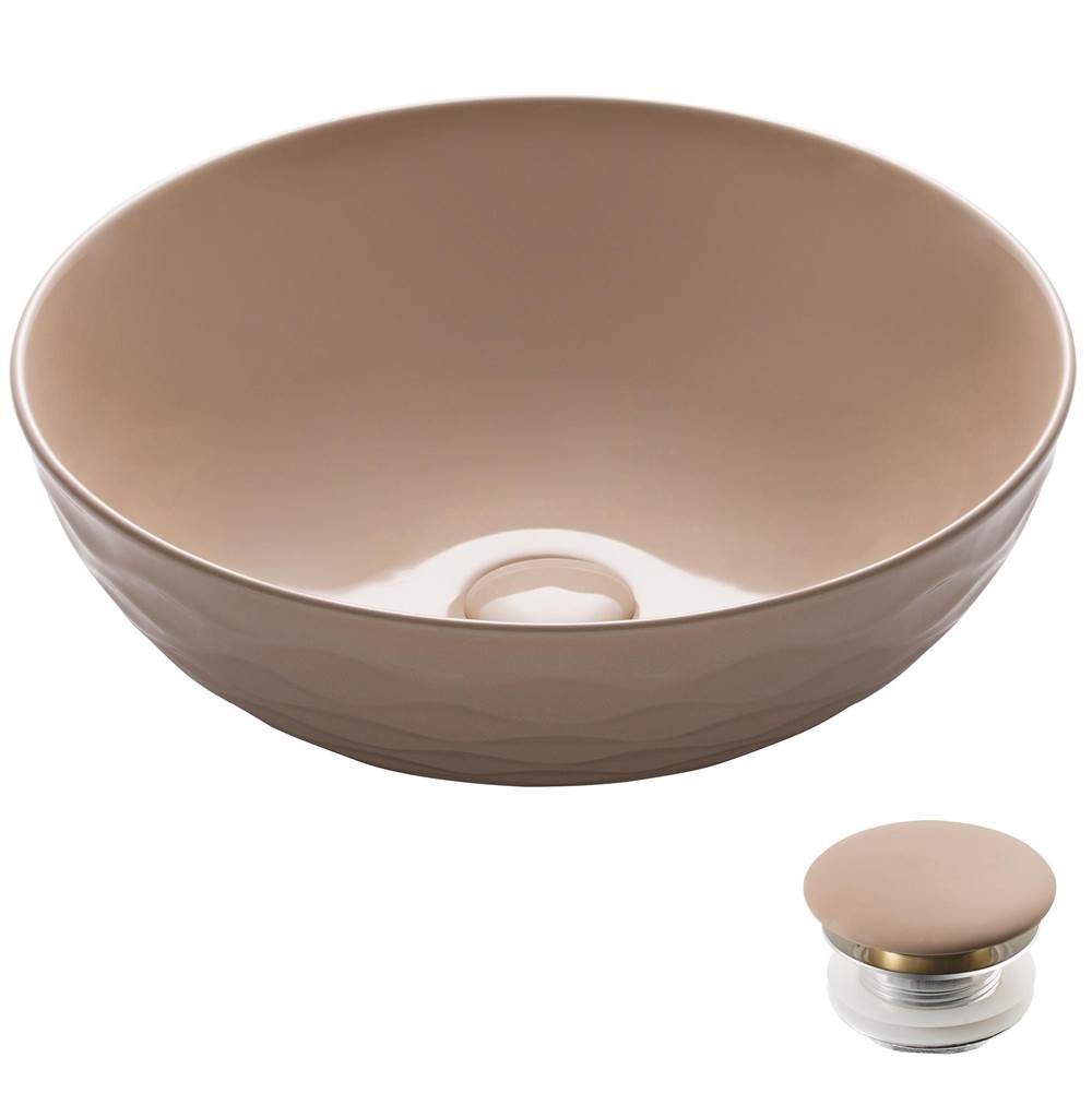 Kraus Viva Round Beige Porcelain Ceramic Vessel Bathroom Sink with Pop-Up Drain, 16 1/2 in. D x 5 1/2 in. H