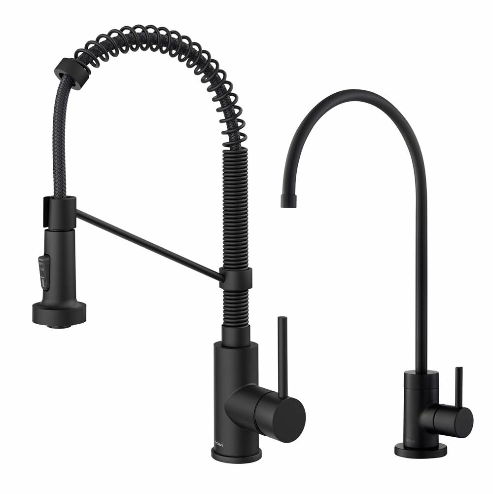 Kraus Bolden Commercial Style Pull-Down Kitchen Faucet and Purita Water Filter Faucet Combo in Matte Black