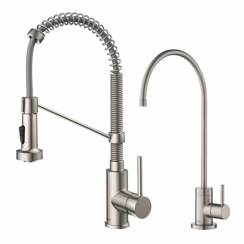 Kraus Bolden Commercial Style Pull-Down Kitchen Faucet and Purita Water Filter Faucet Combo in Spot Free Stainless Steel