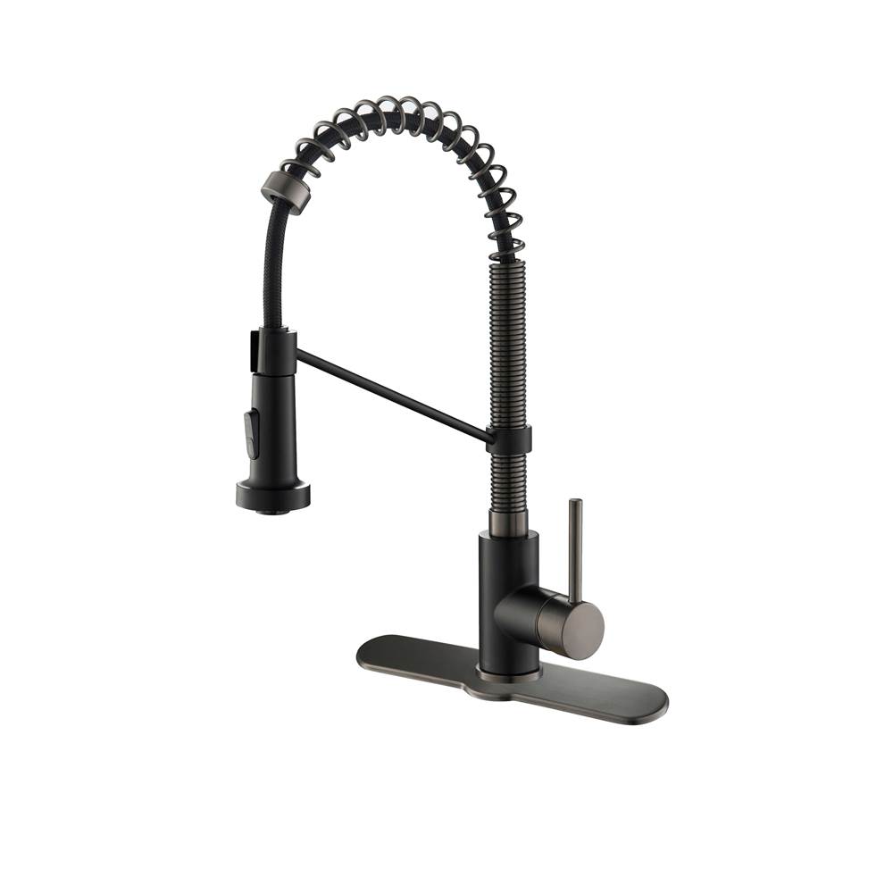 Kraus Bolden Single Handle 18-Inch Commercial Kitchen Faucet with Deck Plate in Matte Black/Black Stainless Steel Finish