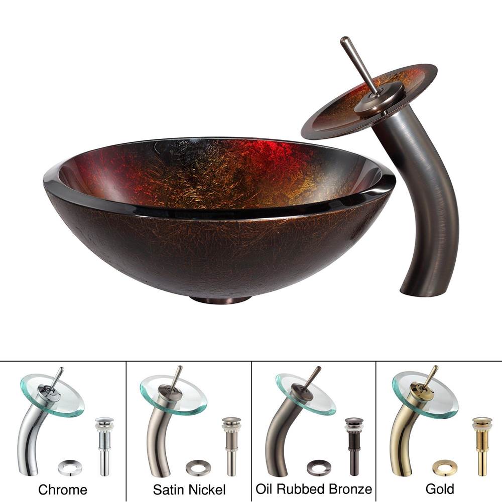 Kraus KRAUS Mercury Glass Vessel Sink in Red/Gold with Waterfall Faucet in Oil Rubbed Bronze