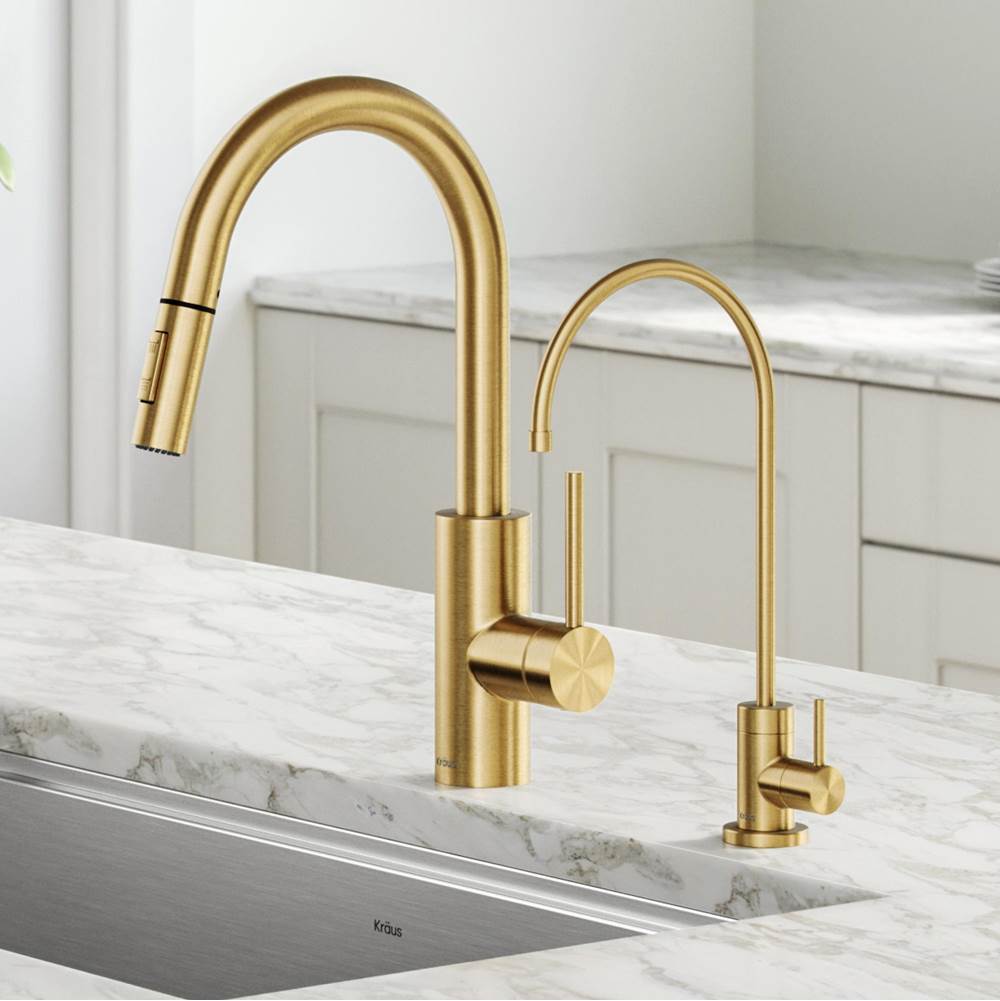 Kraus Oletto Pull-Down Kitchen Faucet and Purita Water Filter Faucet Combo in Brushed Brass