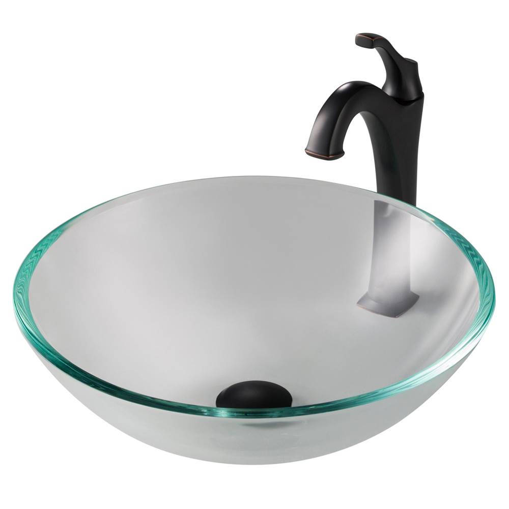Kraus 16 1/2-inch Crystal Clear Glass Bathroom Vessel Sink and Arlo Faucet Combo Set with Pop-Up Drain, Oil Rubbed Bronze Finish