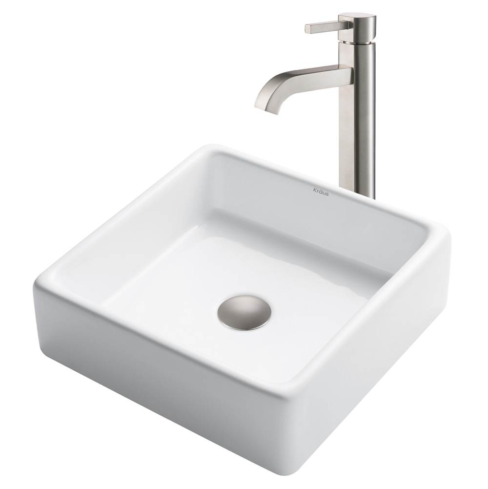 Kraus 15-inch Square White Porcelain Ceramic Bathroom Vessel Sink and Ramus Faucet Combo Set with Pop-Up Drain, Satin Nickel Finish