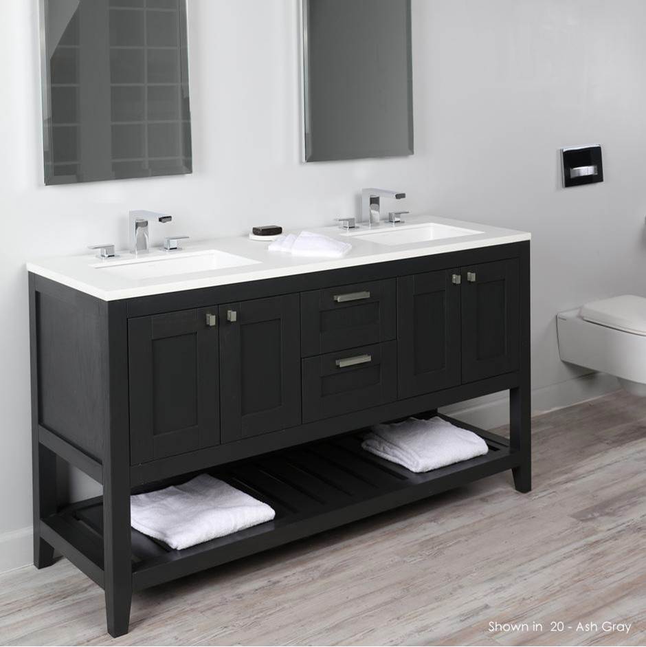 Lacava Free standing under-counter double vanity with one set of doors on the center and two sets  two drawers on each side  and slotted shelf in wood