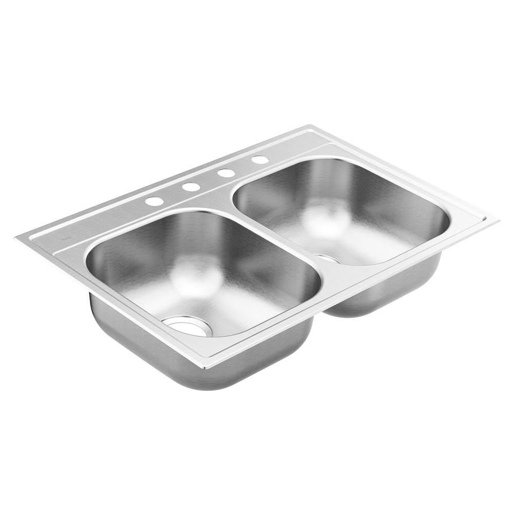Moen 2000 Series 33-inch 20 Gauge Drop-in Double Bowl Stainless Steel Kitchen Sink, 4 Hole, Featuring QuickMount