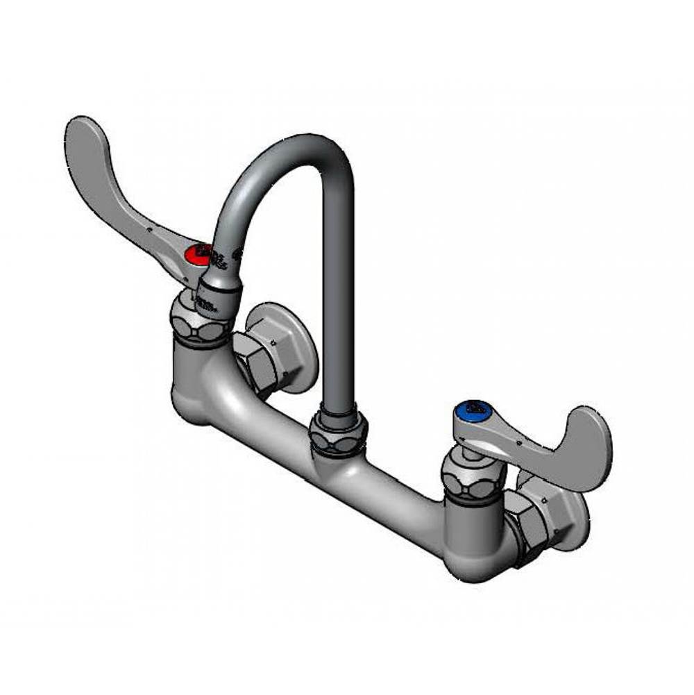 T&S Brass 8'' Double Pantry Faucet, Wall Mount, Ceramas, Gooseneck, 1.5 GPM Aerator, 4'' Wrist Handles