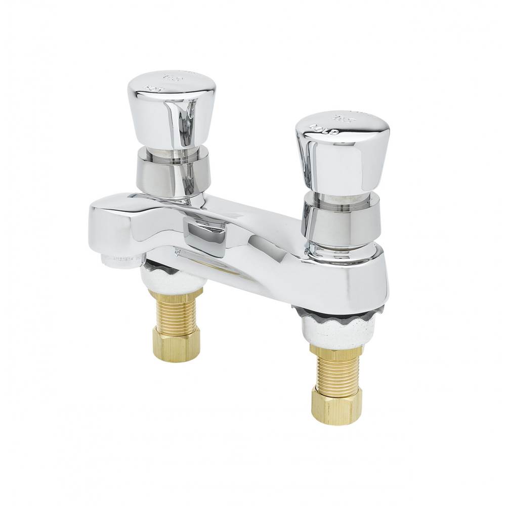 T&S Brass Metering Faucet, 4'' Deck Mount, Aerator, Push-Button Handles w/ Anti-Microbial Coating