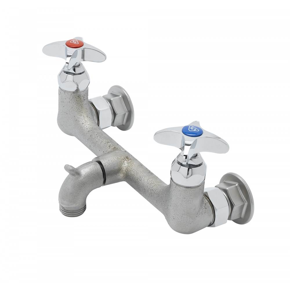 T&S Brass Service Sink Faucet, Garden Hose Outlet, 4-Arm Handles, Rough Chrome Finish