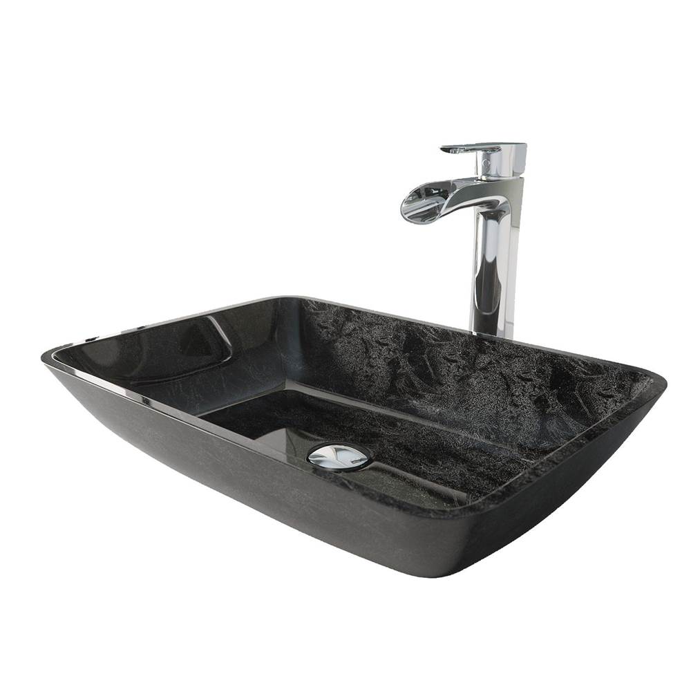 Vigo Rectangular Gray Onyx Glass Vessel Bathroom Sink Set With Niko Vessel Faucet In Chrome With Pop-Up Drain