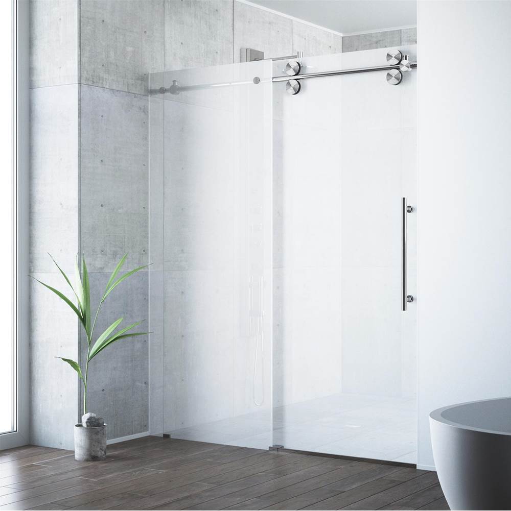 Vigo Elan 56 to 60 in. x 74 in. Frameless Sliding Shower Door in Stainless Steel with Frosted Glass and Handle
