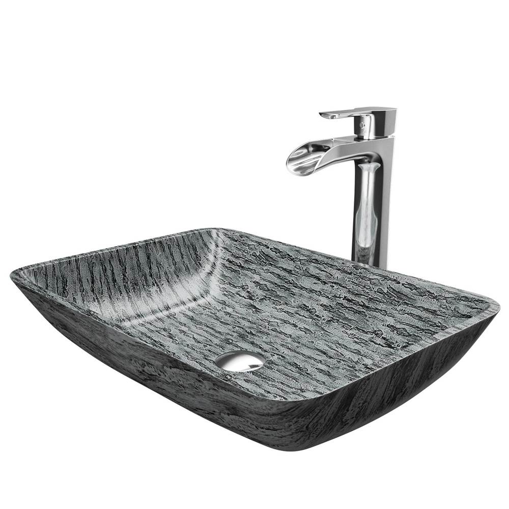 Vigo Rectangular Titanium Glass Vessel Bathroom Sink Set With Niko Vessel Faucet In Chrome With Pop-Up Drain