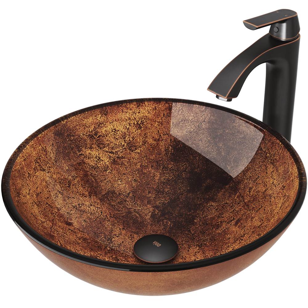 Vigo Russet Glass Vessel Bathroom Sink Set With Linus Vessel Faucet In Antique Rubbed Bronze