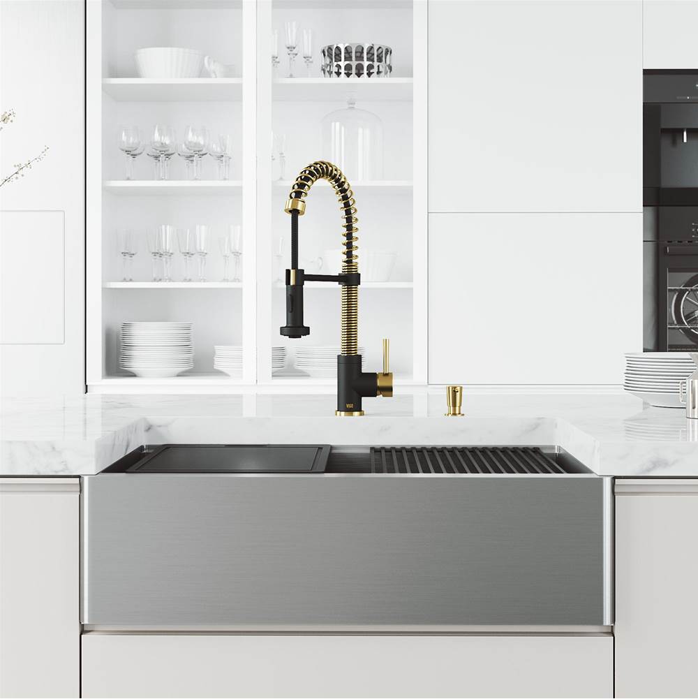 Vigo 33 in. Oxford Single Bowl Apron Front Stainless Steel Farmhouse Kitchen Sink with Accessories and Edison Faucet in Matte Brushed Gold and Matte Black