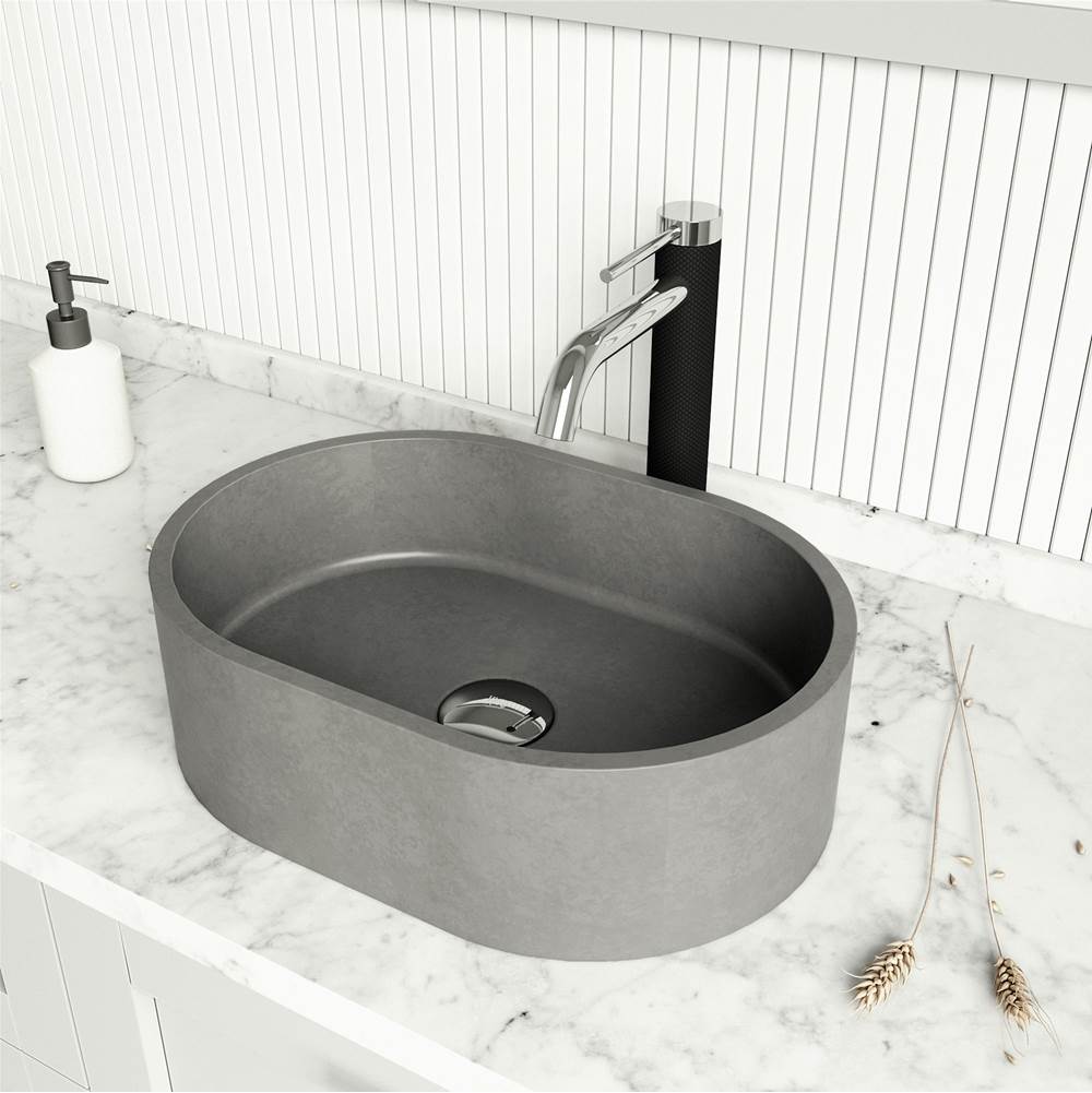 Vigo Concreto Stone Oval Vessel Bathroom Sink with Lexington Bathroom Faucet and Pop-Up in Chrome