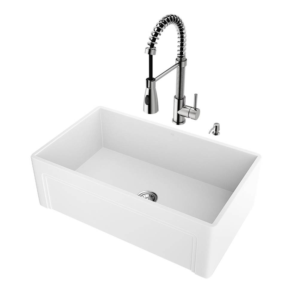 Vigo All-In-One 30'' Casement Front Matte Stone Farmhouse Kitchen Sink Set With Brant Faucet In Stainless Steel, Strainer And Soap Dispenser