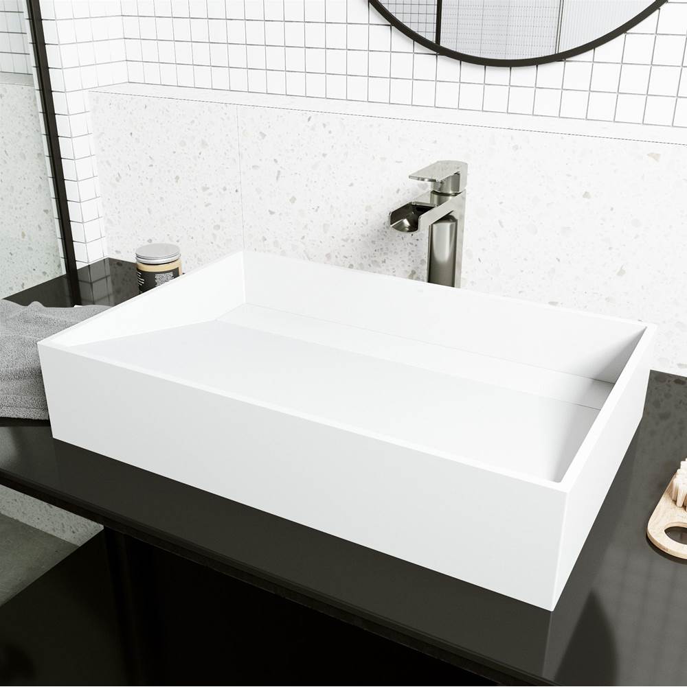 Vigo Starr Grand Rectangular MatteStone Vessel Bathroom Sink with Amada Bathroom Faucet and Pop-Up Drain in Brushed Nickel