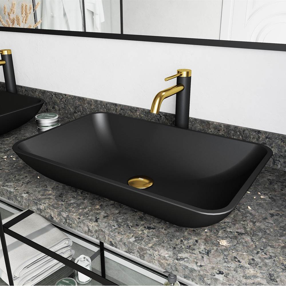 Vigo Black Hadyn Matte Shell Vessel Bathroom Sink and Lexington cFiber Faucet in Matte Brushed Gold and Matte Black