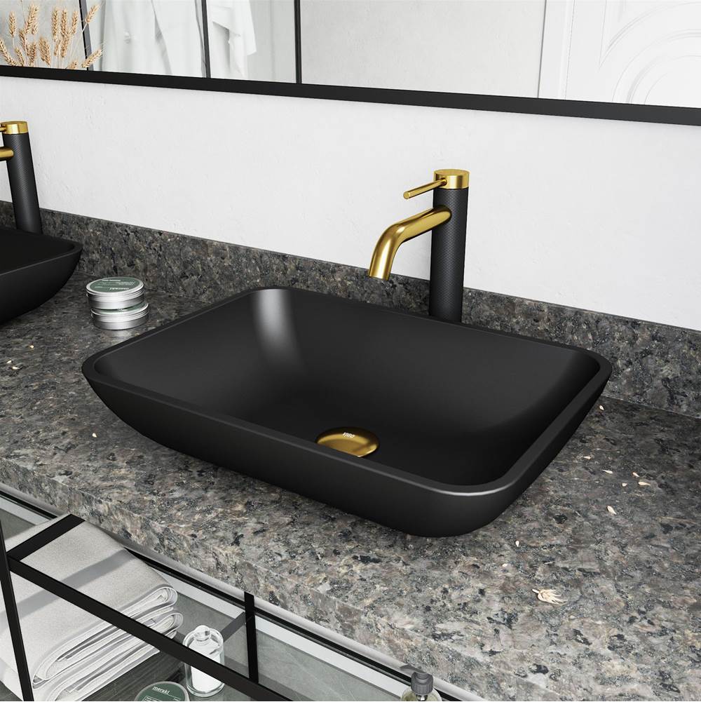 Vigo Black Sottile Matte Shell Vessel Bathroom Sink Lexington cFiber Faucet in Matte Brushed Gold and Matte Black