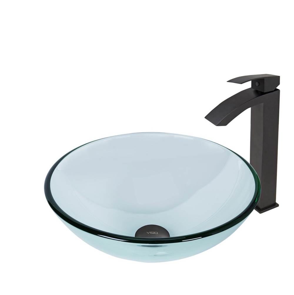 Vigo Crystalline Glass Vessel Bathroom Sink Set With Duris Vessel Faucet In Matte Black