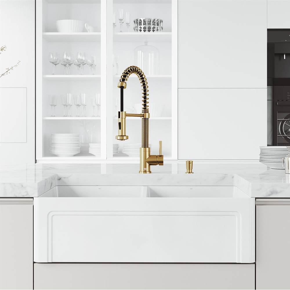 Vigo White Double-Bowl Standard Undermount Casement Apron Front/Farmhouse Kitchen Sink Set With Edison Pull-Down Spray Kitchen Faucet In Matte Brushed Gold