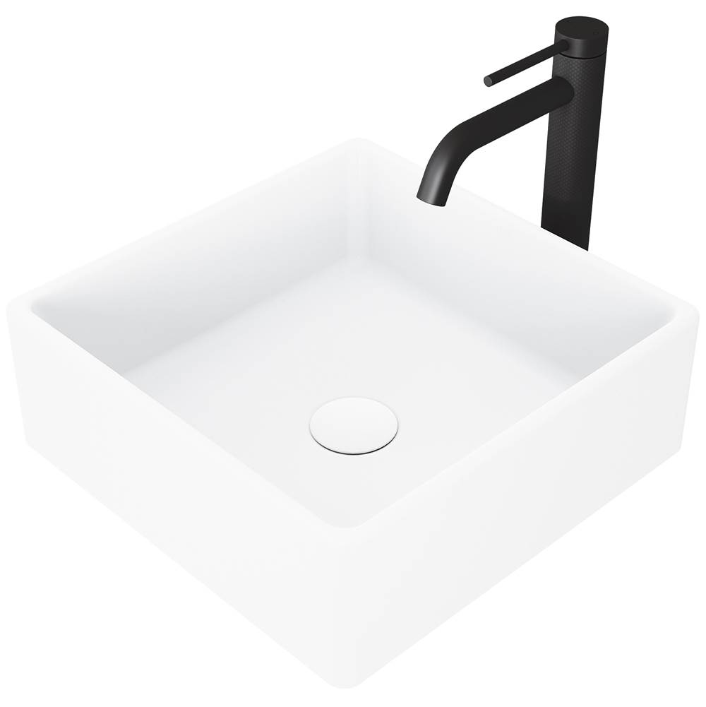 Vigo Dianthus Matte Stone Vessel Bathroom Sink And Lexington Vessel Bathroom Faucet In Matte Black With Matte White Pop-Up Drain