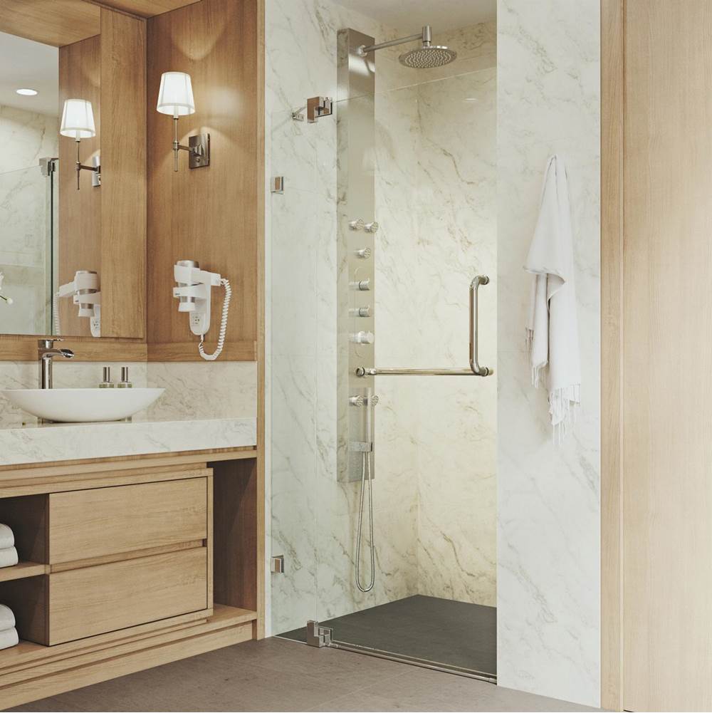 Vigo Pirouette 30 To 36 In. X 72 In. Frameless Pivot Shower Door In Brushed Nickel With Clear Glass And Handle