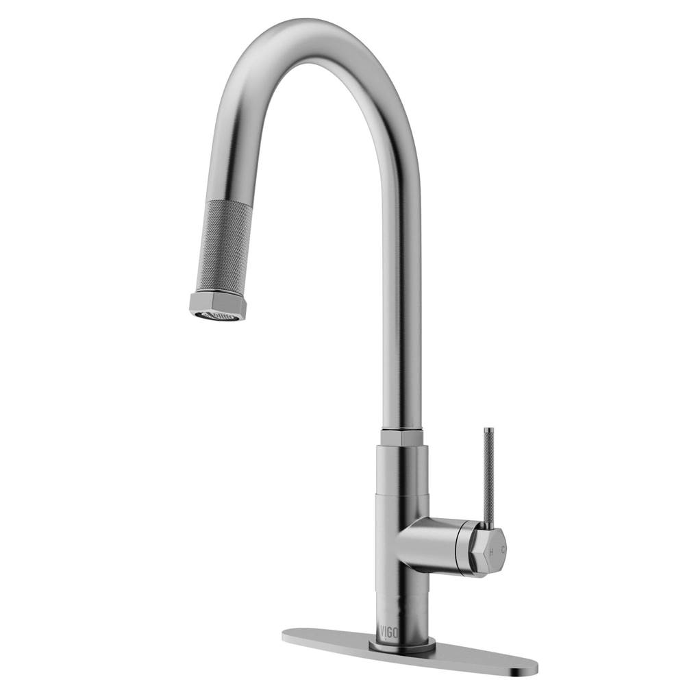 Vigo Hart Arched Single Handle Pull-Down Spout Kitchen Faucet Set with Deck Plate in Stainless Steel