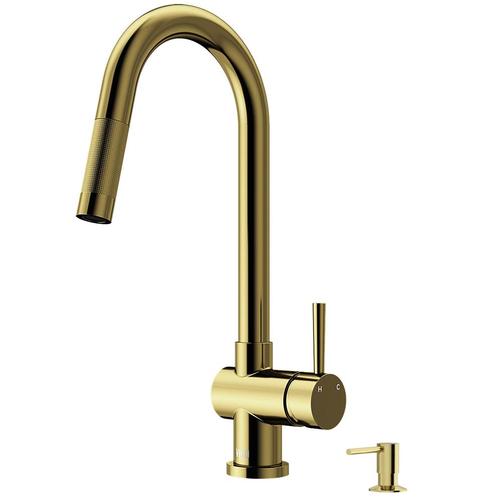 Vigo Gramercy Single Handle Pull-Down Spout Kitchen Faucet Set with Soap Dispenser in Matte Brushed Gold