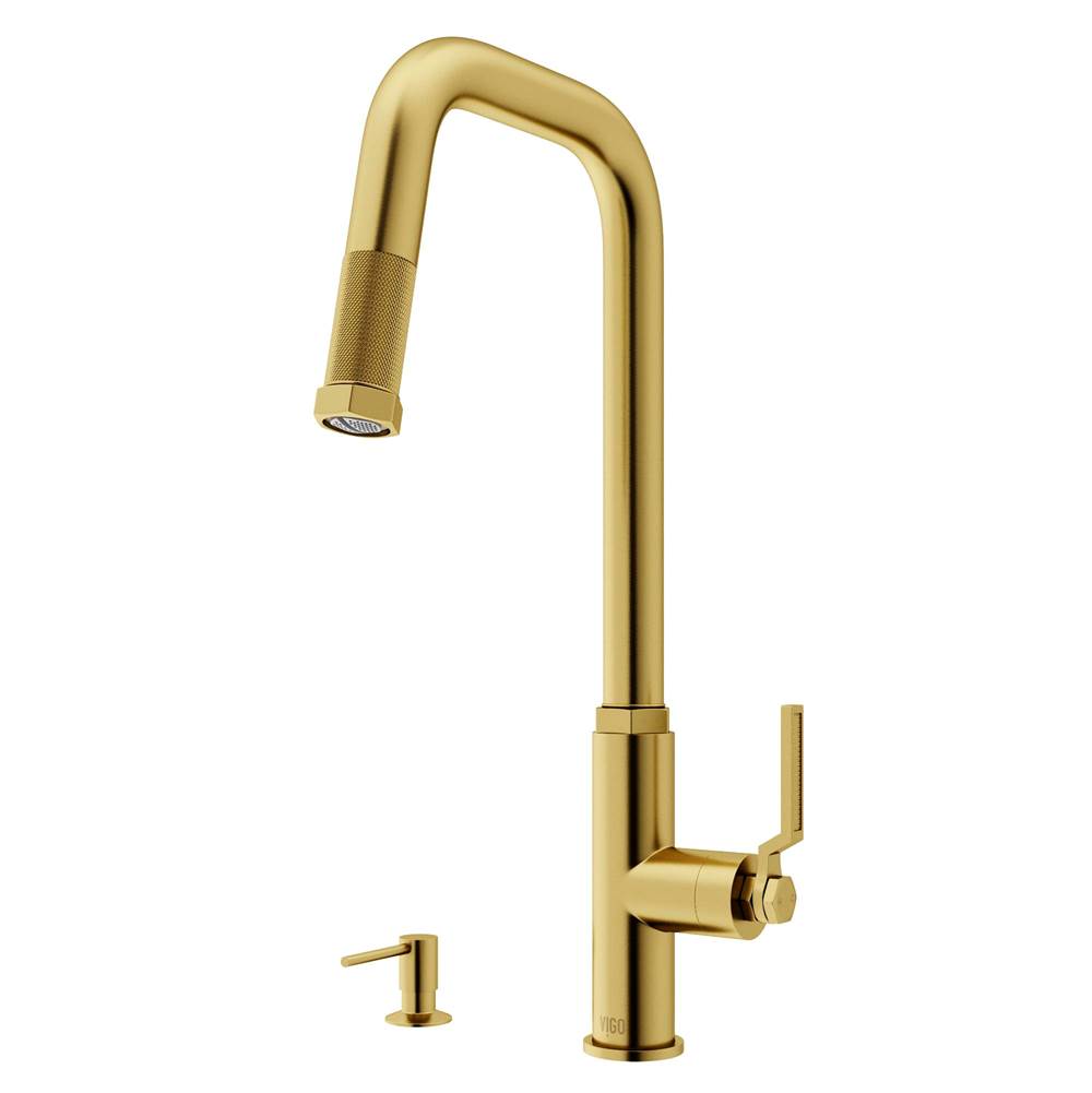 Vigo Hart Angular Single Handle Pull-Down Spout Kitchen Faucet Set with Soap Dispenser in Matte Brushed Gold