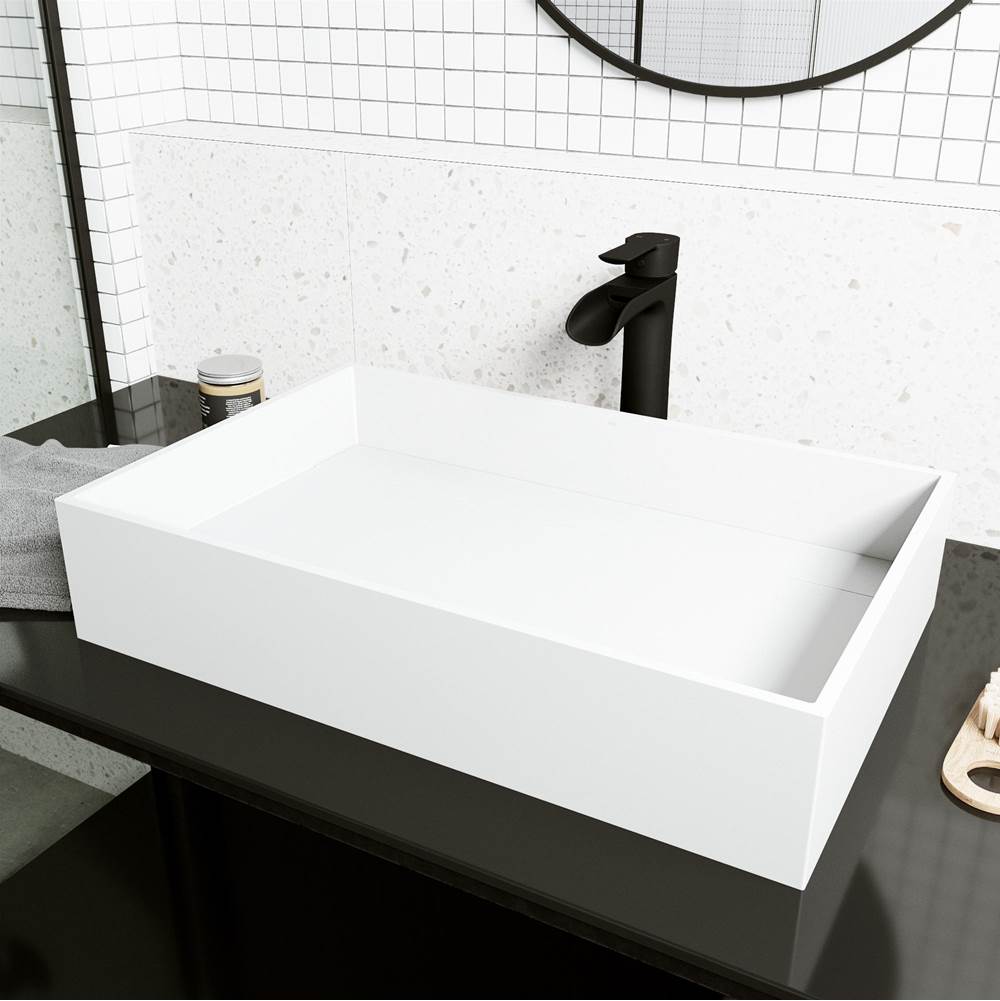 Vigo Montauk Grand Rectangular MatteStone Vessel Bathroom Sink with Niko Bathroom Faucet and Pop-Up Drain in Matte Black