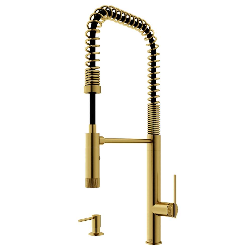Vigo Sterling Single Handle Pull-Down Sprayer Kitchen Faucet Set with Soap Dispenser in Matte Brushed Gold