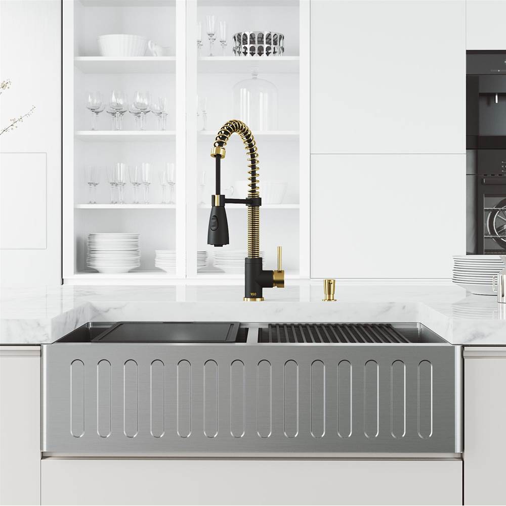 Vigo 36 in. Oxford Slotted Apron Front Double Bowl Stainless Steel Farmhouse Kitchen Sink  and Brant Faucet in Matte Brushed Gold and Matte Black