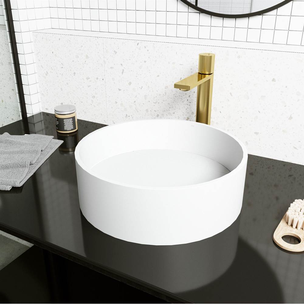 Vigo Montauk Round MatteStone Vessel Bathroom Sink with Gotham Bathroom Faucet and Pop-Up Drain in Matte Brushed Gold