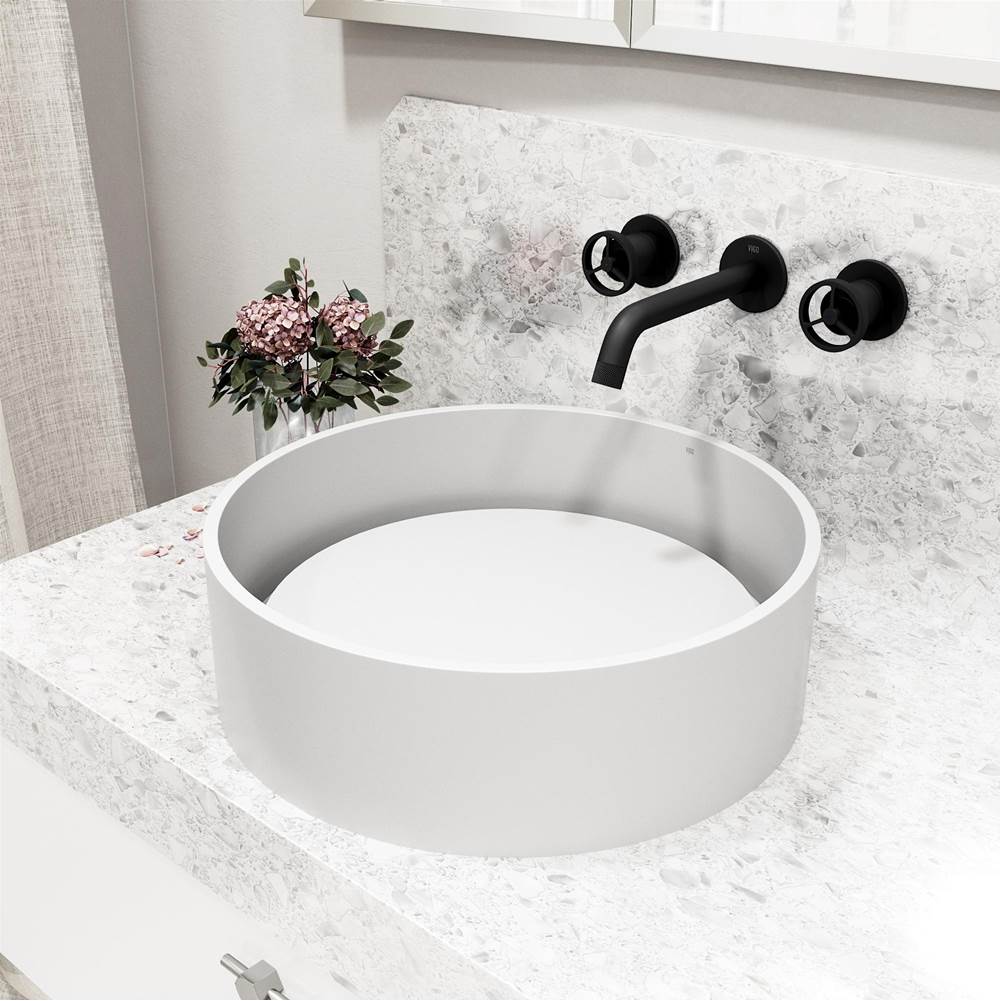 Vigo Matte Stone Anvil Composite Round Vessel Bathroom Sink in White with Wall-Mount Faucet and Pop-Up Drain in Matte Black