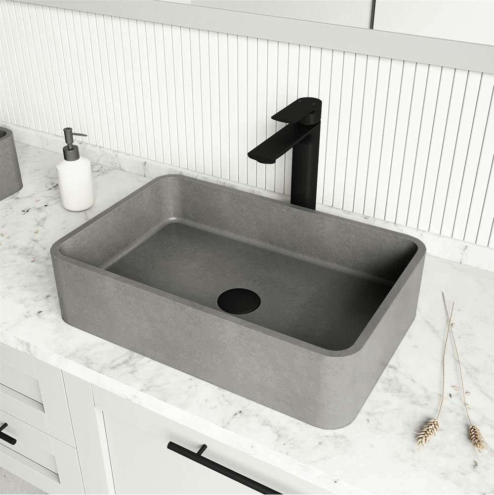 Vigo ConcretoStone Rectangular Vessel Bathroom Sink with Norfolk Bathroom Faucet and Pop-Up Drain in Matte Black