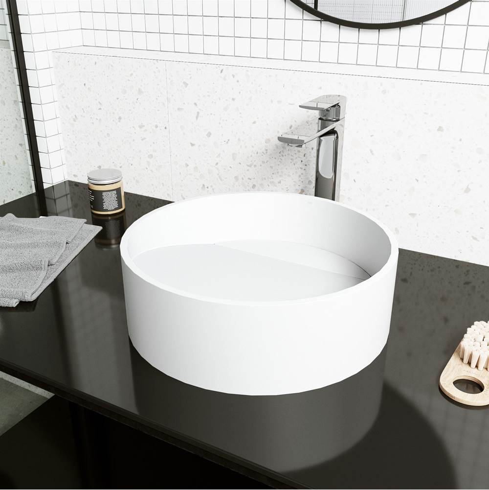 Vigo Starr Round MatteStone Vessel Bathroom Sink with Norfolk Bathroom Faucet and Pop-Up Drain in Chrome