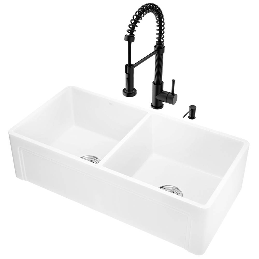 Vigo All-In-One 36''  Matte Stone 50/50 Double Bowl Undermount Kitchen Sink With Pull Down Faucet In Black Matte And Soap Dispenser