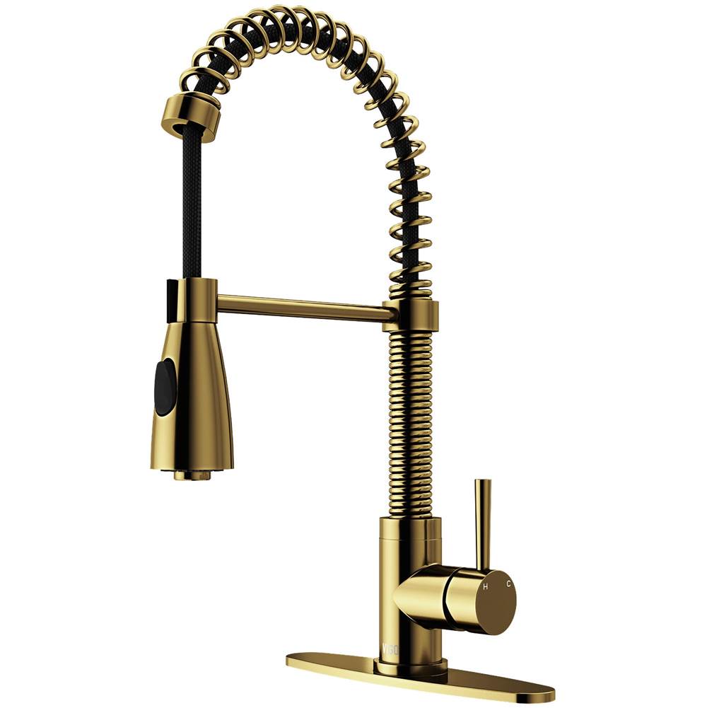 Vigo Brant Pull-Down Spray Kitchen Faucet And Deck Plate In Matte Brushed Gold