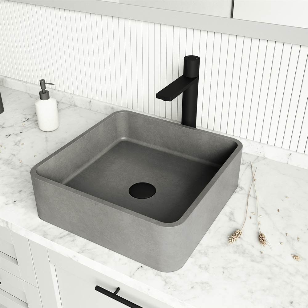 Vigo ConcretoStone 15 in. Square Vessel Bathroom Sink with Gotham Bathroom Faucet and Pop-Up Drain in Matte Black
