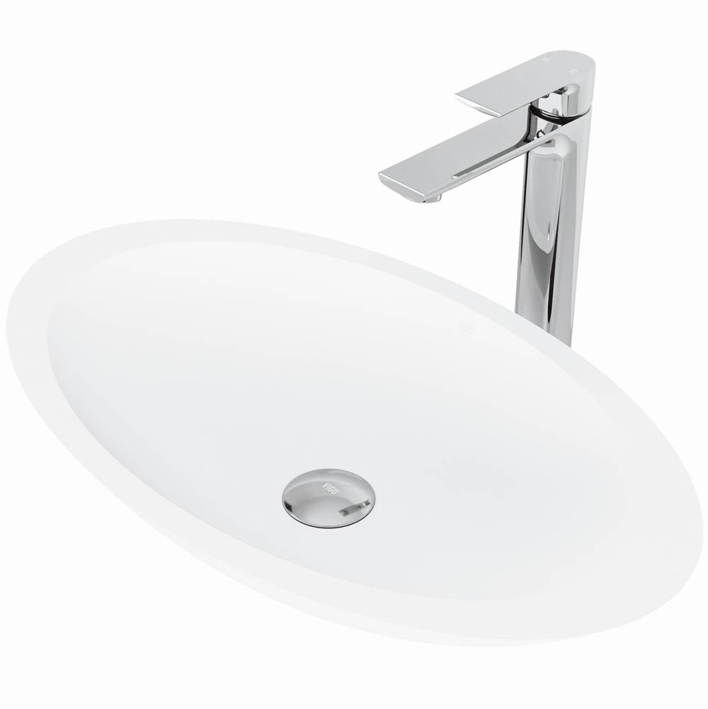 Vigo Wisteria Matte Stone Vessel Bathroom Sink Set With Norfolk Vessel Faucet In Chrome Finish, Pop-Up Drain Included