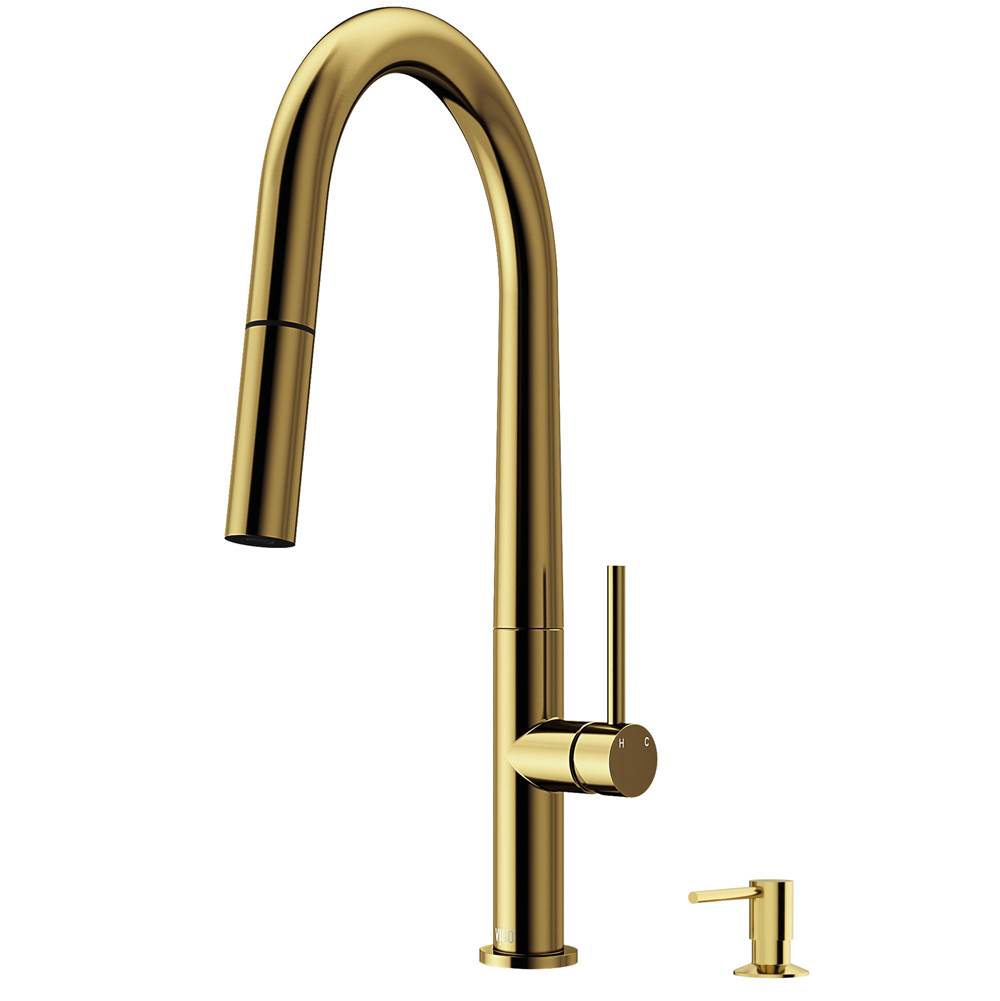 Vigo Greenwich Single Handle Pull-Down Sprayer Kitchen Faucet Set with Soap Dispenser in Matte Brushed Gold