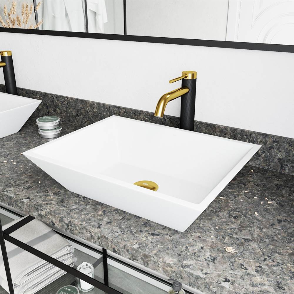 Vigo Vinca Matte Stone Vessel Bathroom Sink and Lexington cFiber© Faucet in Matte Brushed Gold and Matte Black